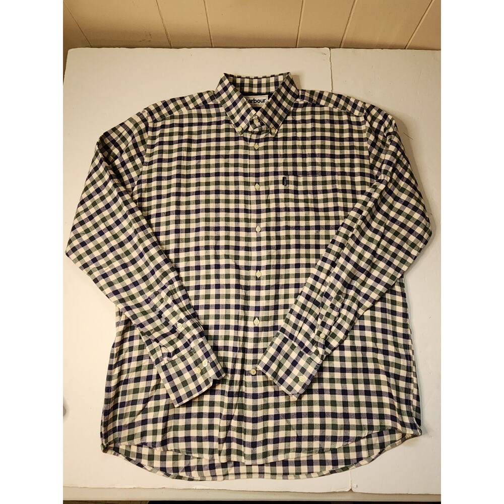 Barbour Moss Regular Fit Shirt Mens XL Blue Green Gingham Plaid Preppy Country